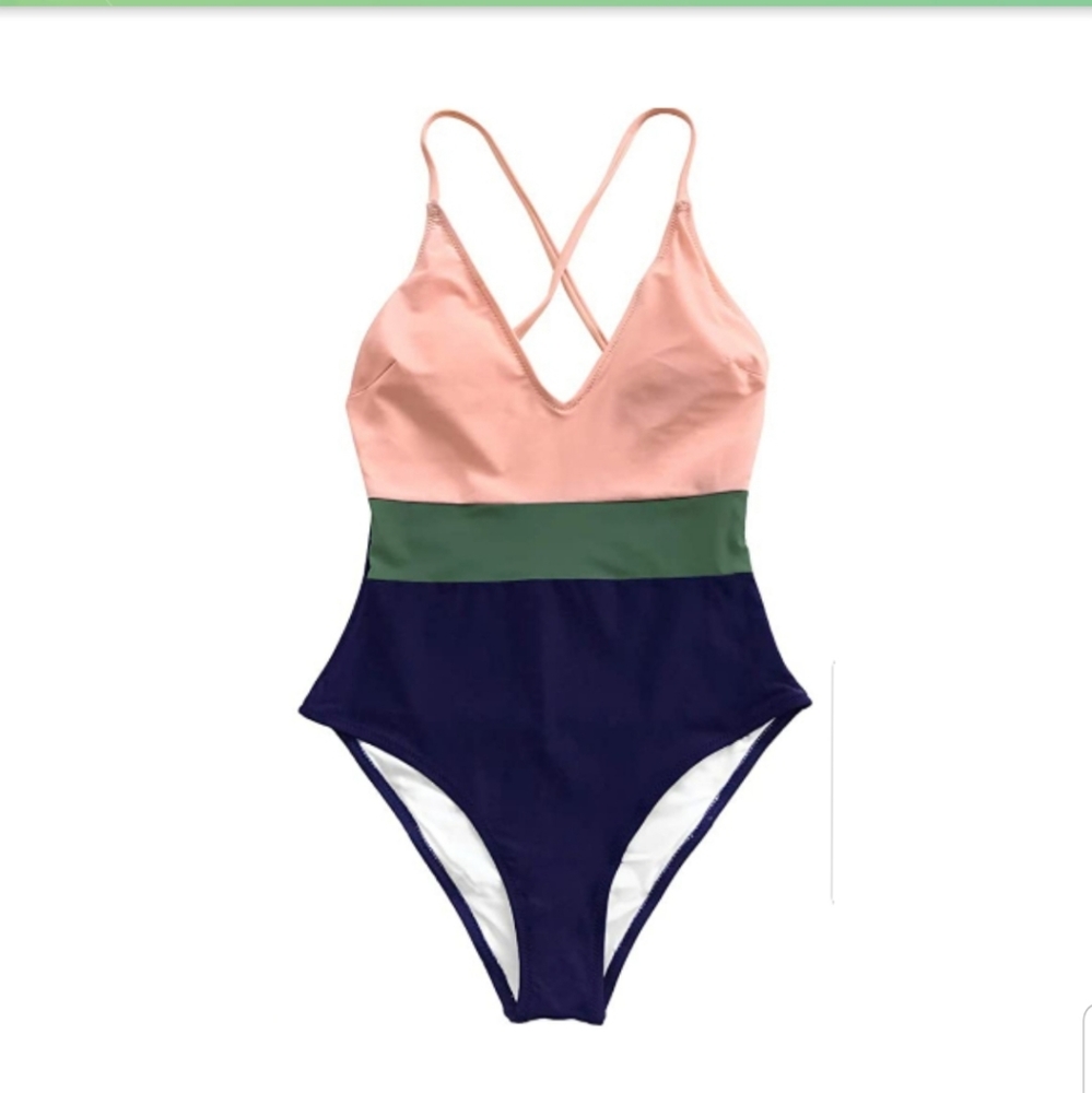NWT CUPSHE Women's One Piece Swimsuit V Neck Cross Back Color Block Beach  Large